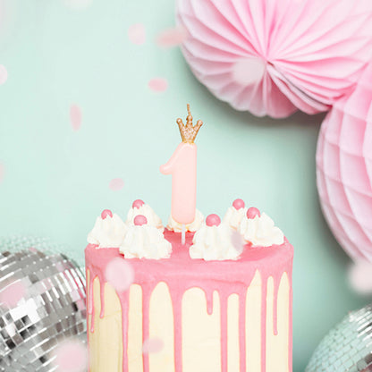 1 bougie d'anniversaire - Chiffre 1 - Rose avec couronne