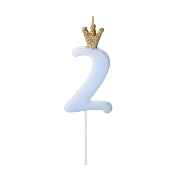 1 Bougie d'anniversaire - Chiffre 2 - Bleu clair avec couronne