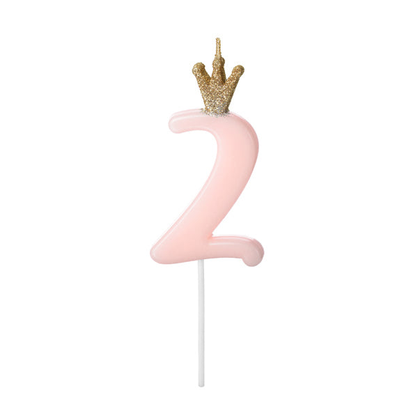 1 bougie d'anniversaire - Chiffre 2 - Rose avec couronne