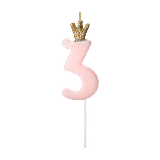 1 bougie d'anniversaire - Chiffre 3 - Rose avec couronne