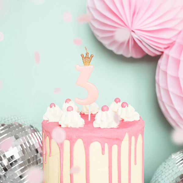 1 bougie d'anniversaire - Chiffre 3 - Rose avec couronne