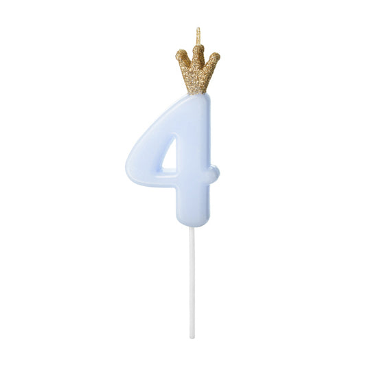 1 bougie d'anniversaire - Chiffre 4 - Bleu clair avec couronne