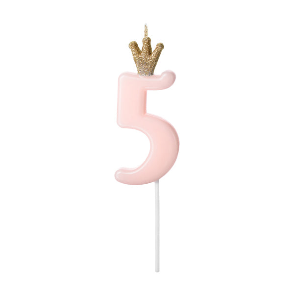 1 bougie d'anniversaire chiffre 5 - rose avec couronne