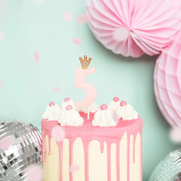 1 bougie d'anniversaire chiffre 5 - rose avec couronne