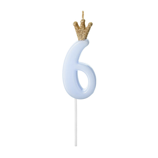 1 bougie d'anniversaire - Chiffre 6 - Bleu clair avec couronne