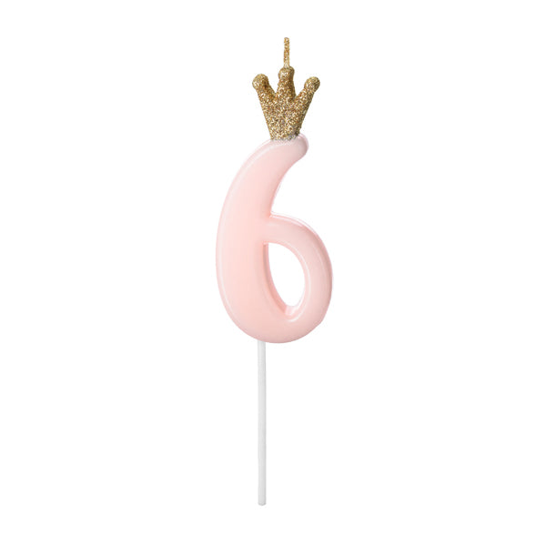 1 taartkaars - Cijfer 6 - Roze met kroon