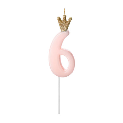 1 taartkaars - Cijfer 6 - Roze met kroon