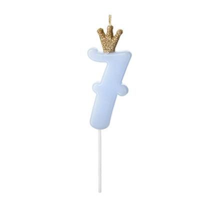 1 bougie d'anniversaire - Chiffre 7 - Bleu clair avec couronne