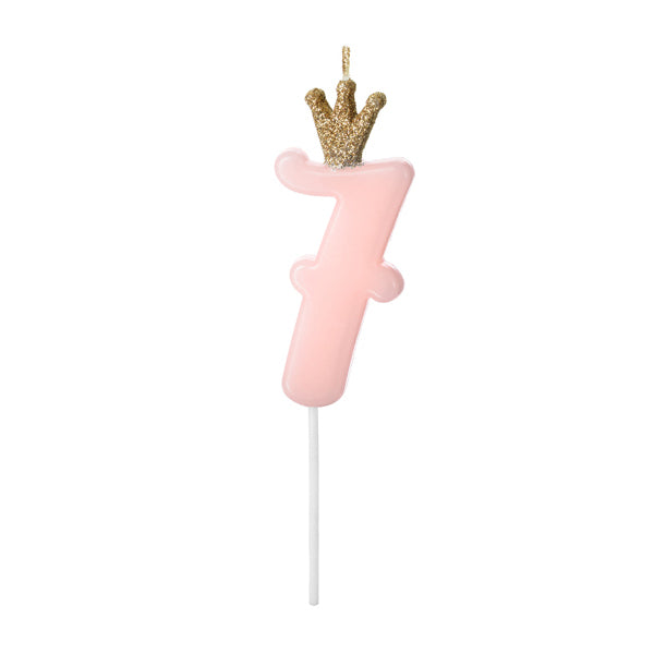 1 bougie chiffre 7 rose avec couronne