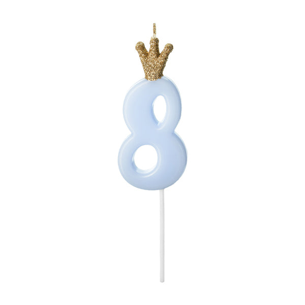 1 bougie d'anniversaire - Chiffre 8 - Bleu clair avec couronne