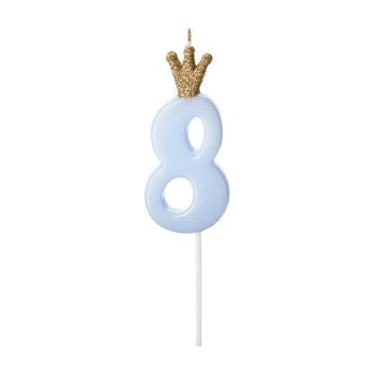 1 bougie d'anniversaire - Chiffre 8 - Bleu clair avec couronne