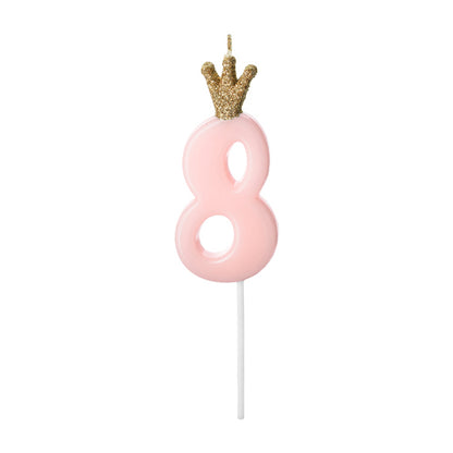 1 taartkaarsje - cijfer 8 - roze met kroon