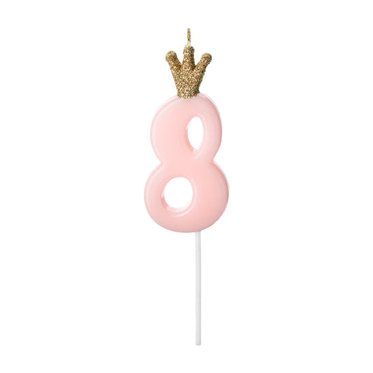 1 bougie d'anniversaire - Chiffre 8 - Rose avec couronne