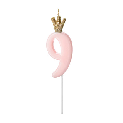 1 Taartkaars - Cijfer 9 - Roze met kroon