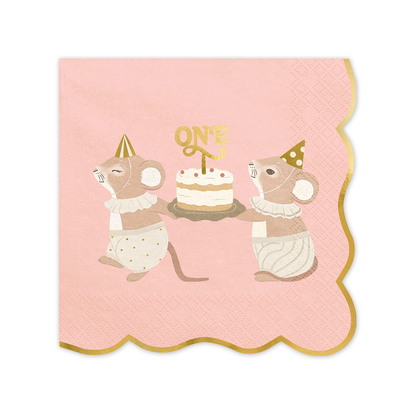 12 serviettes - ONE - Souris - Rose