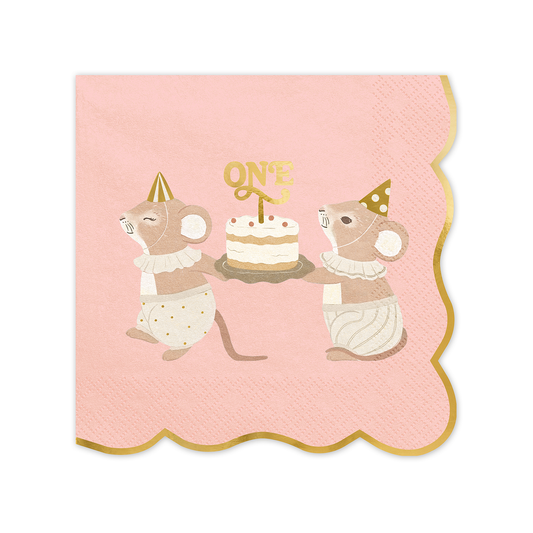 12 serviettes - ONE - Souris - Rose