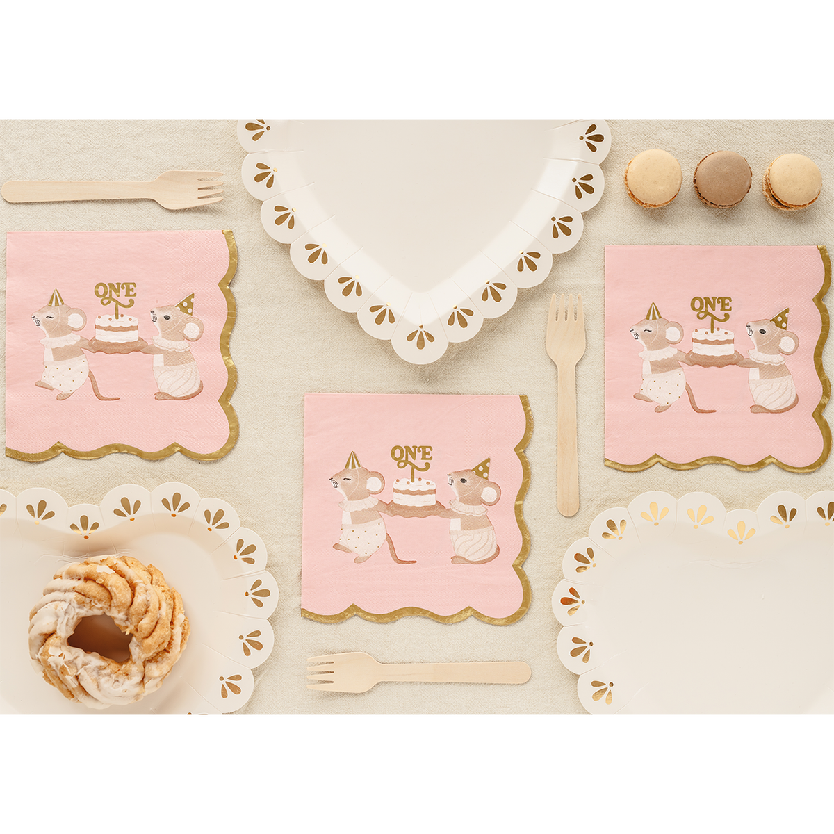 12 serviettes - ONE - Souris - Rose