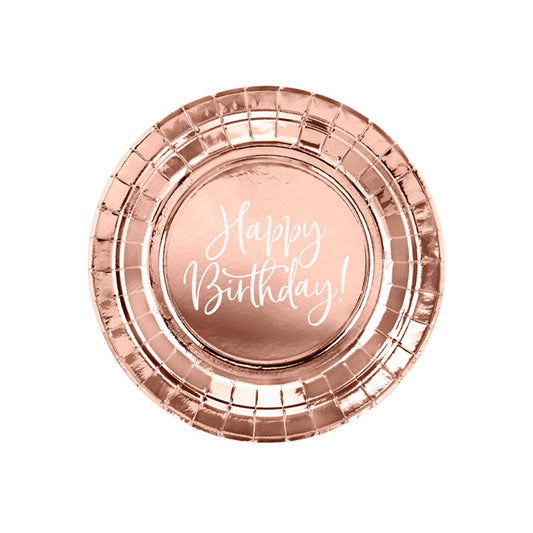 6 Assiettes en carton tendance - Ø 18cm - Happy Birthday Or Rose