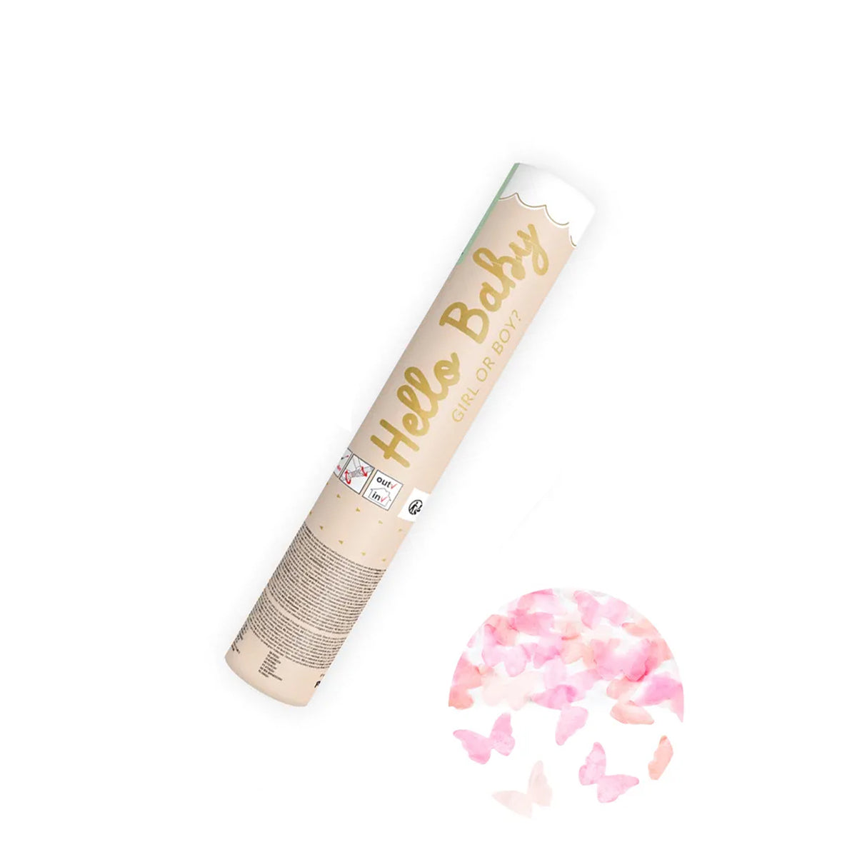 1 canon à confettis - 20 cm - papillons roses bébé