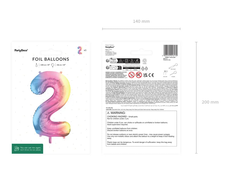 1 Ballon XXL - Cijfer 2 - Pastelregenboog