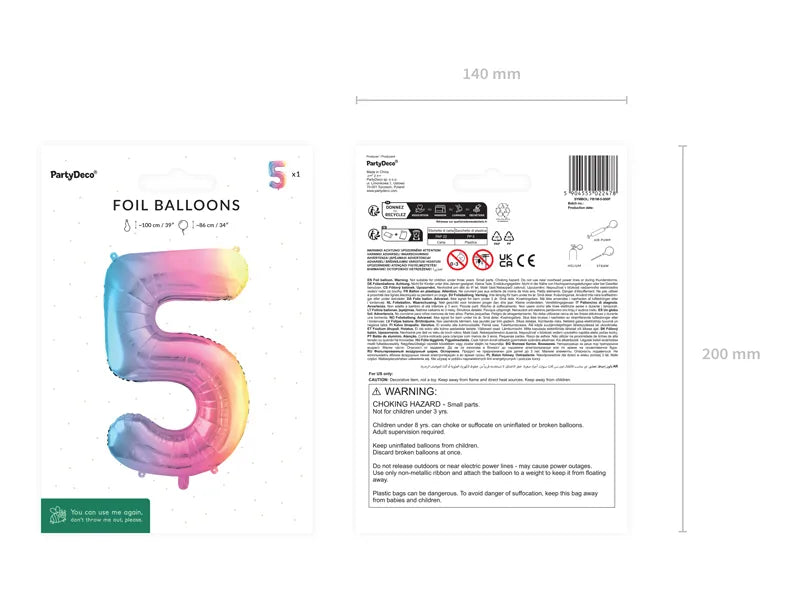 1 Ballon XXL - Cijfer 5 - Pastelregenboog