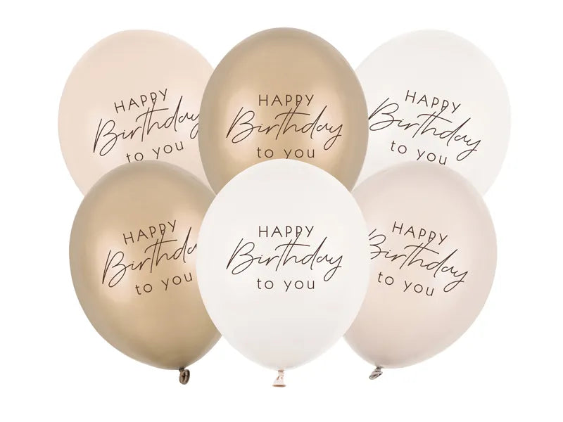 6 folieballonnen - Ø 30 cm - Happy Birthday - Beige Mix